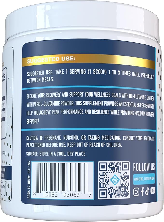 Nu-Glutamine Pure L-Glutamine Powder for Muscle Growth & Recovery & Soreness - Maximize Your Performance and Workout - 5g per Serving - 50 Servings