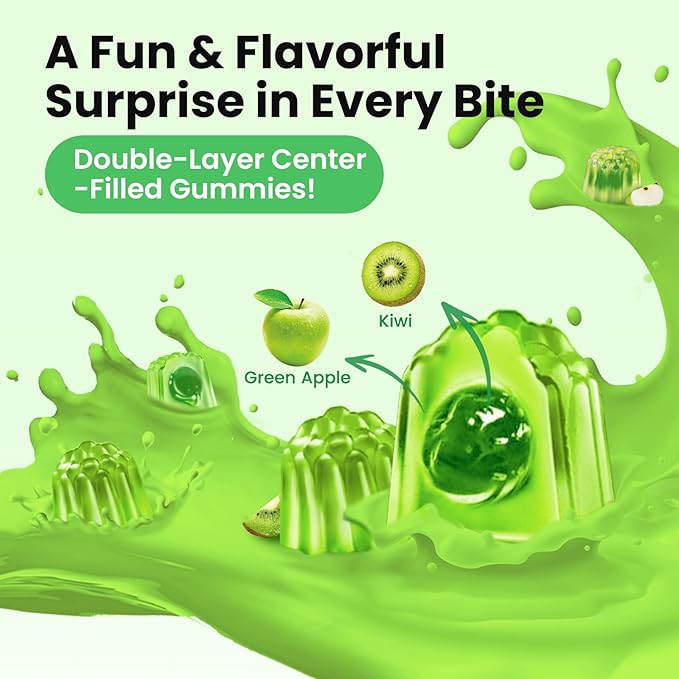 Iron Gummies with Multivitamin, Iron Supplement for Women & Men with Zinc, Vitamin B Complex & C, B12, Folate - Blood Builder & Energy Support for Adults & Kids - Green Apple & Kiwi Filled Gummies