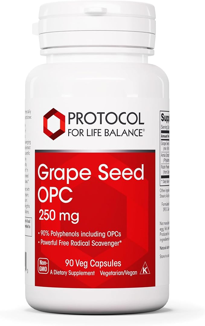 PROTOCOL FOR LIFE BALANCE Grape Seed OPC - 250mg - 90% Polyphenols - with Rutin & Amla Fruit Extract - Grape Seed Capsule - Non-GMO & Kosher - 90 Veg Caps