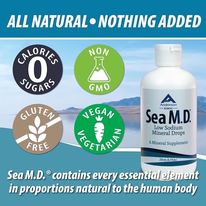 Anderson Sea M.D. Concentrated Trace Mineral Drops, Ionic Electrolyte Magnesium Supplement, Aids in Muscle Cramps, Liquid Magnesium and Trace Mineral, Easy to Take, 8.3 fl oz, 120 Servings