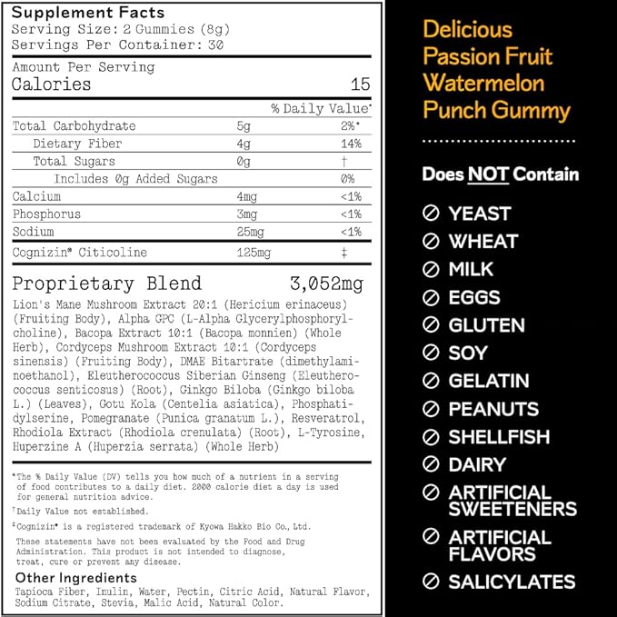 Barker Wellness Mushroom Adaptogen Gummies | Memory, Focus & Brain Health | Lions Mane, Cordyceps, Cognizin | Vegan, Sugar-Free | Passion Fruit Watermelon Flavor | 60 Gummies