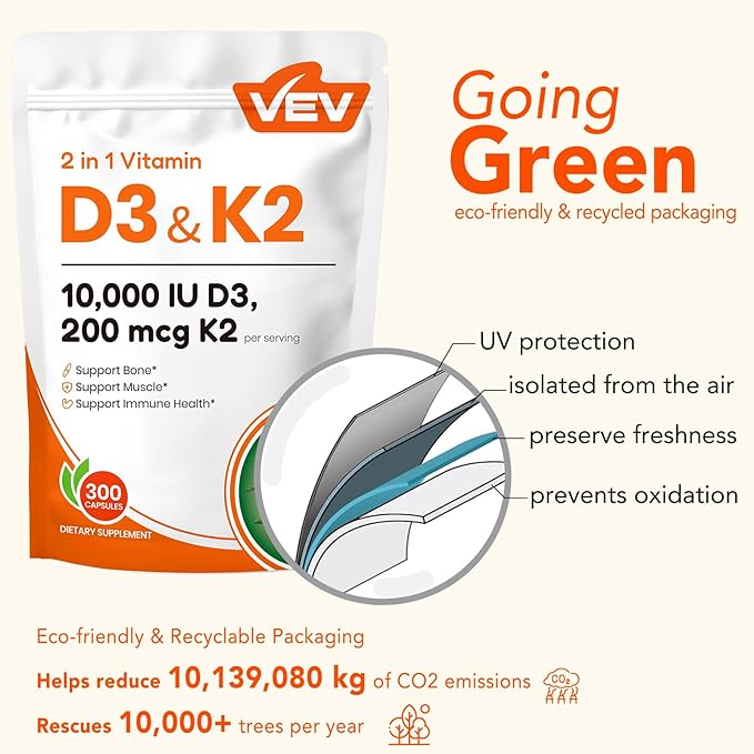 VEV Vitamin D3 K2, 10,000 IU D3, 200mcg K2 (with MK7) Corefeel, Supports Bone and Teeth Health, Dual Nutrient Support for Daily Wellness, Easy to Swallow – 300 Capsules