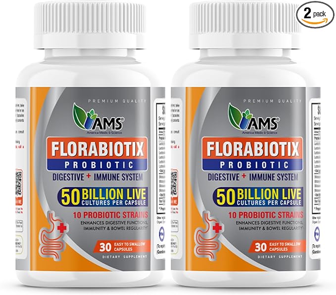America Medic & Science Florabiotix Probiotic (60 Capsules) | Dietary Supplement for Men and Women| 50 Billion Live Cultures | 10 Probiotic Strains | Supports Digestive and Immune Health (Pack of 2)