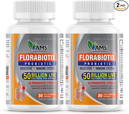 America Medic & Science Florabiotix Probiotic (60 Capsules) | Dietary Supplement for Men and Women| 50 Billion Live Cultures | 10 Probiotic Strains | Supports Digestive and Immune Health (Pack of 2)