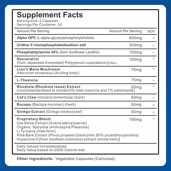 15-in-1 Alpha GPC Supplement with Phosphatidylserine, Uridine, L-Theanine, Lion's Mane Mushroom, 60 Capsules