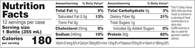 Oikos Protein Shake, Chocolate, 30g High Protein Drinks, Shelf Stable, Ready to Drink, 5g Prebiotic Fiber, 12 fl oz Bottle, 12 Count