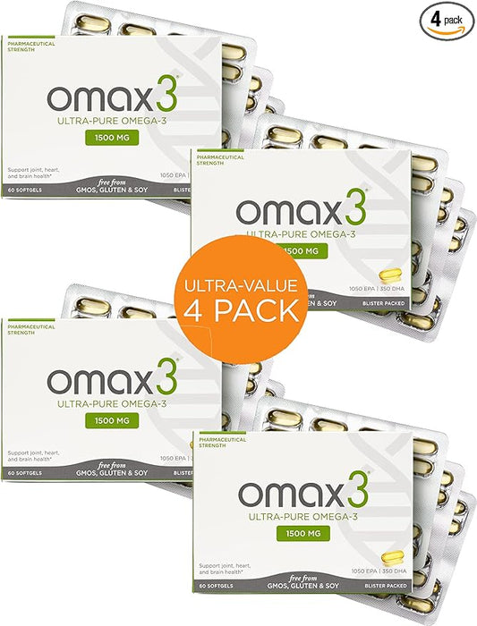 Omax3 4 Boxes Ultra-Pure Omega-3 Fish Oil Pills | High Concentration EPA DHA,1500 MG, Gluten Free, Non-GMO, Made in USA, 240 Softgels Blister Packs (4 Boxes)