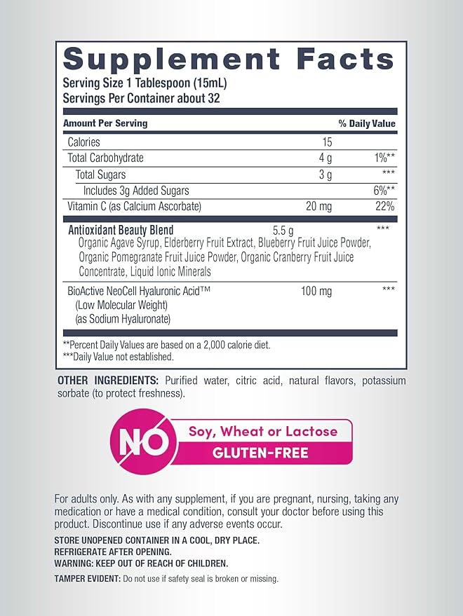 NeoCell Hyaluronic Acid Liquid with Vitamin C, Berry, 16 Fl Oz (Pack of 1) - Packaging May Vary