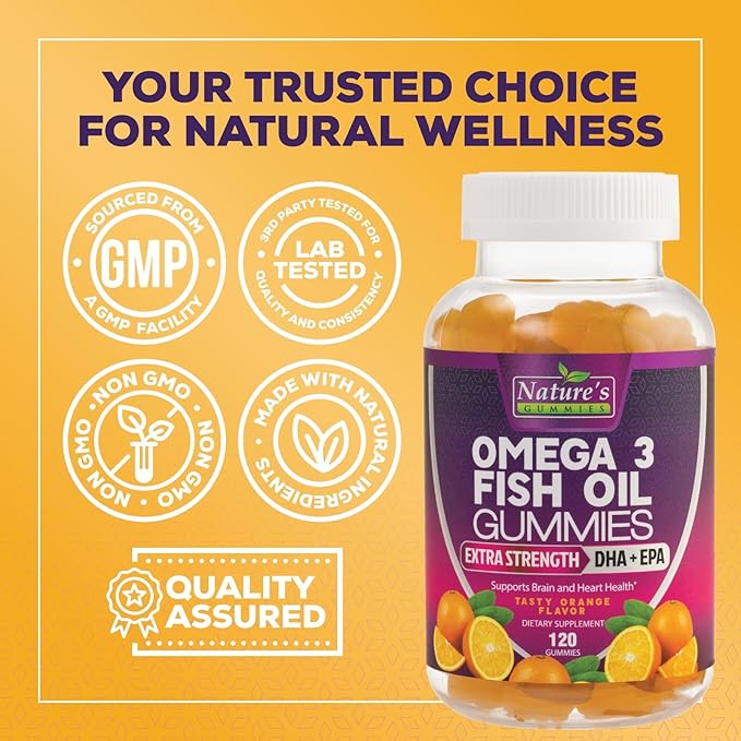 Omega 3 Fish Oil Gummies Triple Strength Vitamin - DHA & EPA with Fatty Acids for Heart Health, Joint, Brain Support Fish Oil Omega-3 Supplement Nature's High Absorption Orange Flavor Gummy, 120 Count