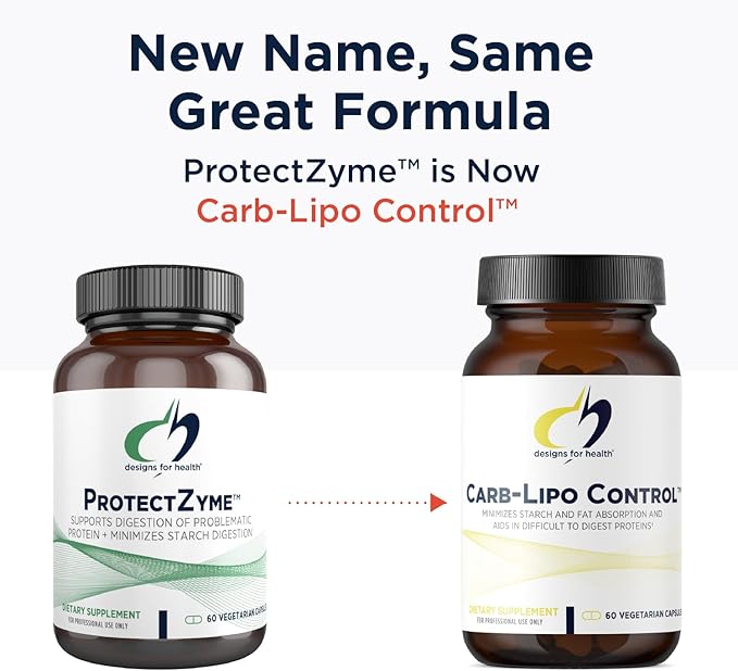 Designs for Health Carb-Lipo Control (ProtectZyme) - Digestive Enzyme to Help Minimize Fat + Starch Absorption and The Digestion of Gluten, Casein - Supports Healthy Body Composition (60 Capsules)