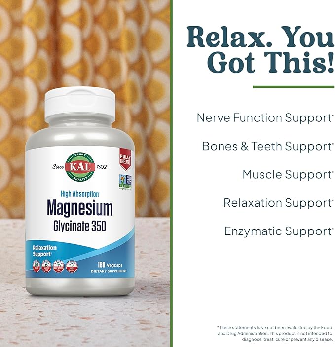 KAL Magnesium Glycinate Capsules, Fully Chelated Magnesium Bisglycinate, High Absorption Magnesium Supplement, Healthy Bones, Muscle, Relaxation and Stress Support, Non-GMO 160 count