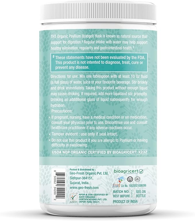 Psyllium Husk Powder Organic 8 oz - Isabgol - Whole Psyllium Husk Fiber Supplement for Digestive Health & Regularity - Gluten-Free, USDA Organic, Kosher