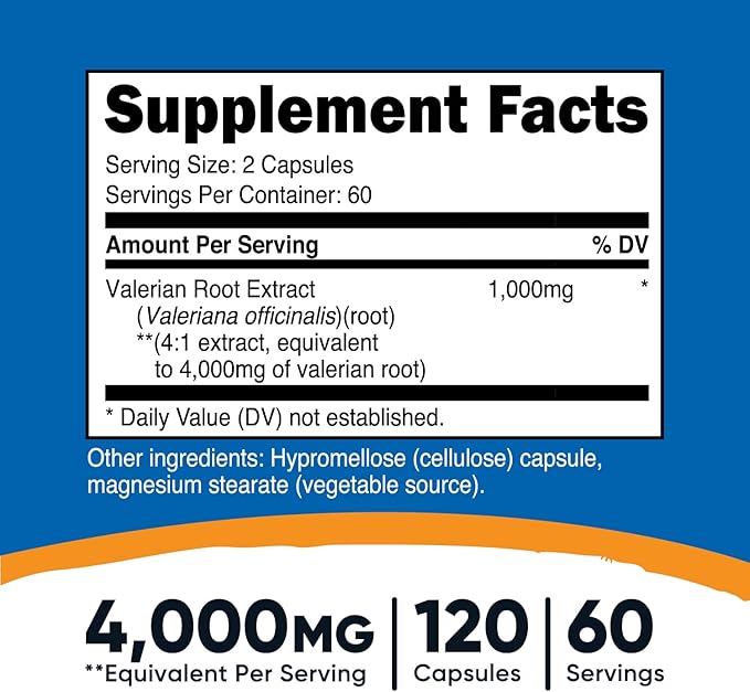 Nutricost Valerian Root Capsules (1000mg Per Serving) 120 Capsules - 4,000mg Equivalent Per Serving (4:1 Extract), Vegetarian Caps, Gluten Free, Non-GMO