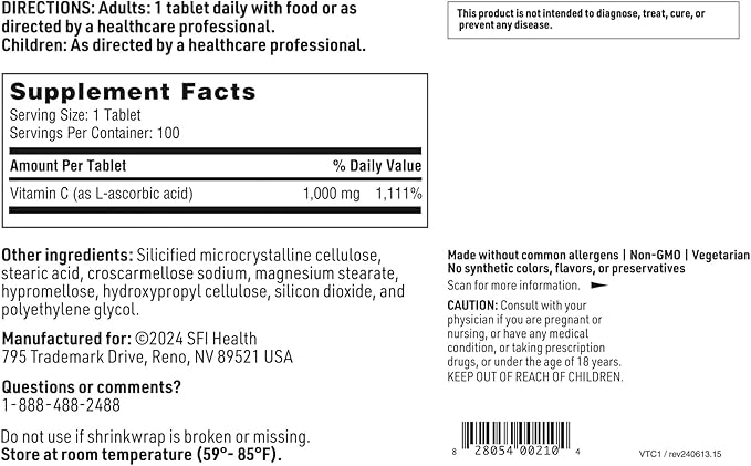 Klaire Labs SFI Health Vitamin C - 1000 Milligrams L-Ascorbic Acid in Coated Tablets to Protect from Oxidation (100 Tablets)