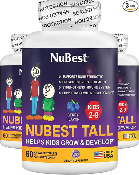 NuBest Tall Kids for Age 2 to 9 - Bone Strength, Brain Growth, Immunity with Calcium, Multivitamins & Minerals - 60 Chewable Berry Tablets | 3 Pack
