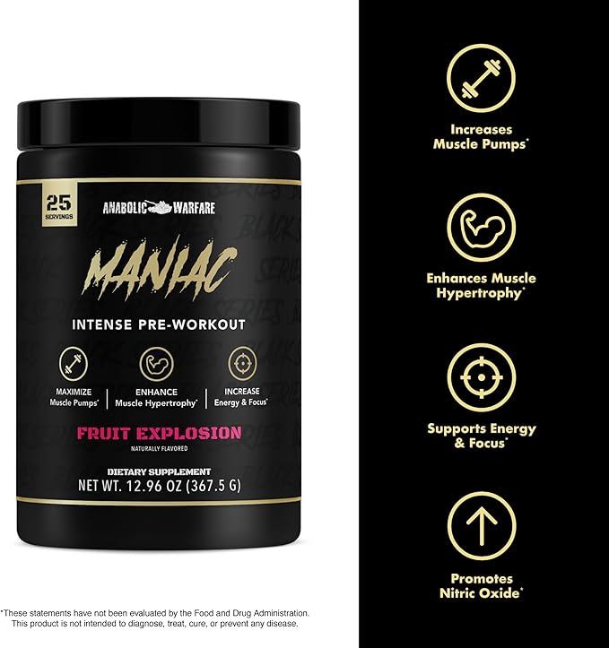 Anabolic Warfare Black Series Maniac, Pre-Workout Powder, Supports Nitric Oxide, Muscle Pumps, and Protein Synthesis* Fruit Explosion