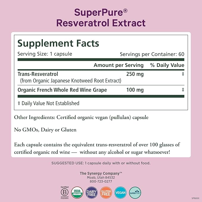 PURE SYNERGY SuperPure Resveratrol Extract | Organic Resveratrol Supplement | Antioxidant Trans-Resveratrol Extract with Grape Polyphenols | for Healthy Aging, Heart, and Skin Health (60 Capsules)