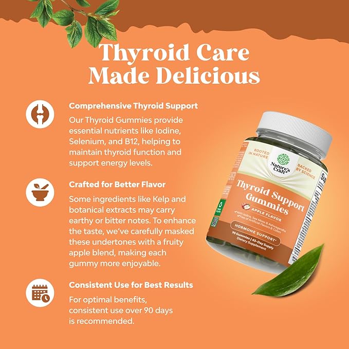 Natures Craft Vegan Thyroid Gummies with Sea Moss - Thyroid Support Gummies for Comprehensive Support for Men and Women with Iodine Selenium and Other Potent Vitamins - Gelatin-Free Non-GMO 90