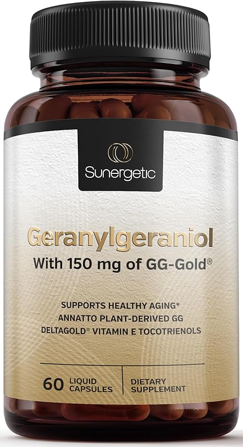Sunergetic Premium Geranylgeraniol Supplement - GG-Gold 150mg with DeltaGold Vitamin E Tocotrienols- Annatto Derived GG for Statin Users, Heart Health & CoQ10 Production - 60 Capsules