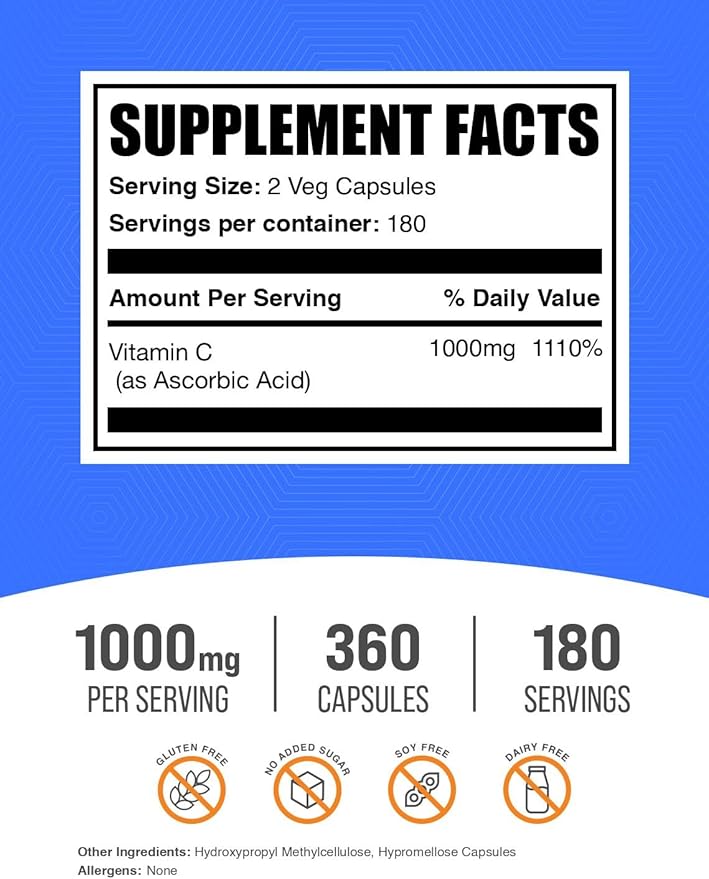 BulkSupplements.com Ascorbic Acid Capsules - Ascorbic Acid Vitamin C 1000mg, Vitamin C Supplement - Vegan & Gluten Free, 2 Capsules per Serving, 360 Count (Pack of 1)