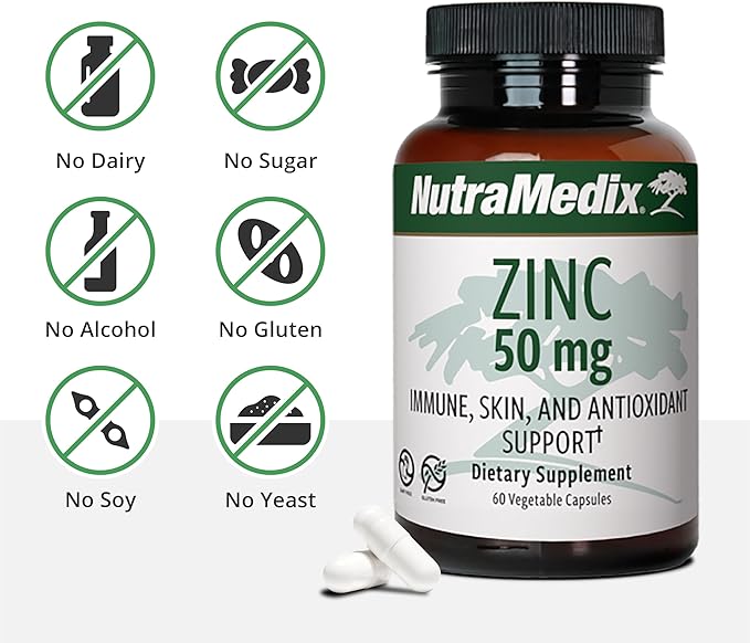 NutraMedix Zinc 50mg - Supplements for a Healthy Immune Defense, Skin Health & Antioxidant Support - Easy to Digest Zinc for Immune Health (60 Capsules)