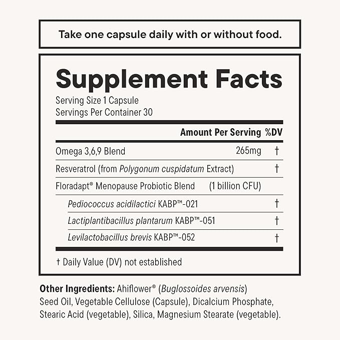 Nouri Daily Menopause Probiotic | Supports Hormonal Balance, Estrogen, Hot Flashes, Night Sweats, Bloating & Gut Health | 3 Clinically Studied Strains + Resveratrol & Vegan Omega Oil | 30-Day Supply