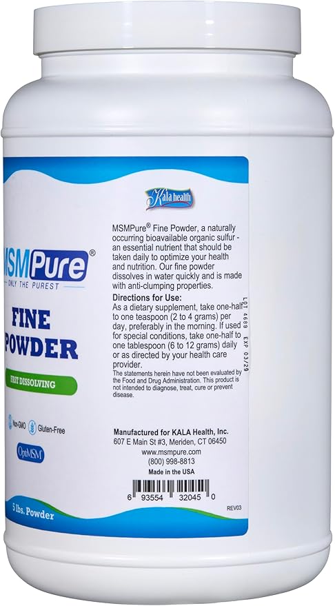 Kala Health MSMPure Fast Dissolving Fine MSM Powder Crystals – US-Made MSM for Joint Health, Skin Appearance, and Hair & Nail Support – 5 lb, Organic Sulfur