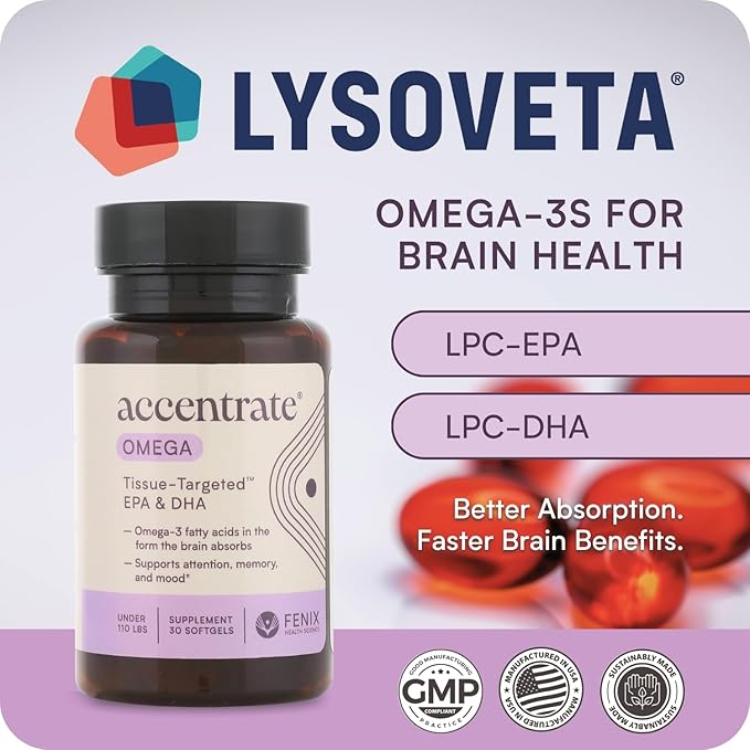 Omega w/LYSOVETA LPC | EPA & DHA Supplements for Brain Health | Focus, Attention, Memory, & Mood | 6X Higher Absorption Than Fish Oil | Omega-3 Fatty Acid Supplements | Highest Potency LPC-DHA