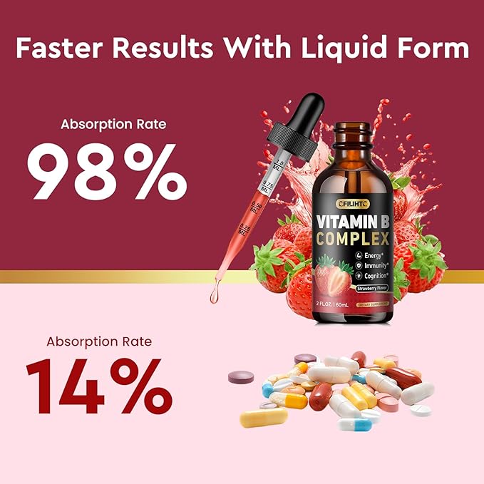 Vitamin B Complex Liquid Drops, B Vitamins Complex Supplement with B1, B2, B3, B5 B6, B7, B9 & Methyl B12 Drops for Adults & Kids, Vegan, Strawberry Flavor