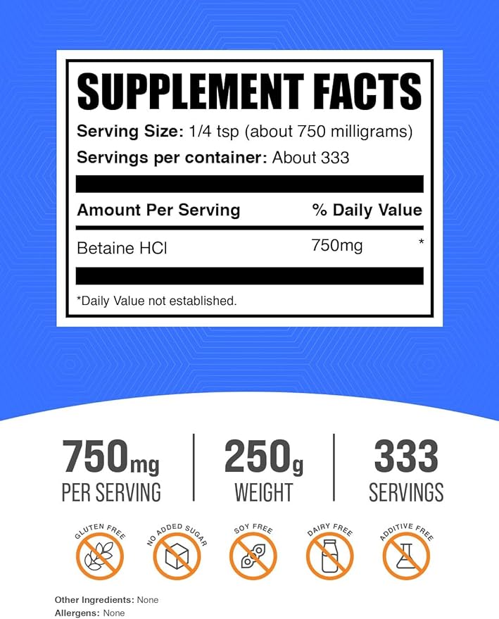 BulkSupplements.com Betaine HCl Powder - Betaine Hydrochloride Supplement, Digestive Support - Gluten Free, 750mg per Serving, 250g (8.8 oz) (Pack of 1)