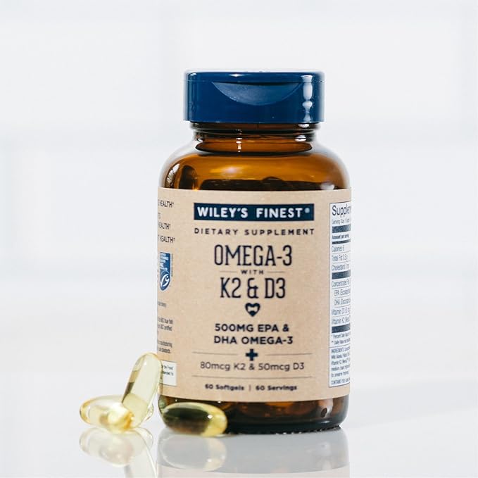 Wiley's Finest Wild Alaskan Fish Oil Vitamin K2 & D3 Softgels - 500mg of EPA and DHA Omega-3s for Bone and Heart Health Support - 60 Softgels (60 Servings)