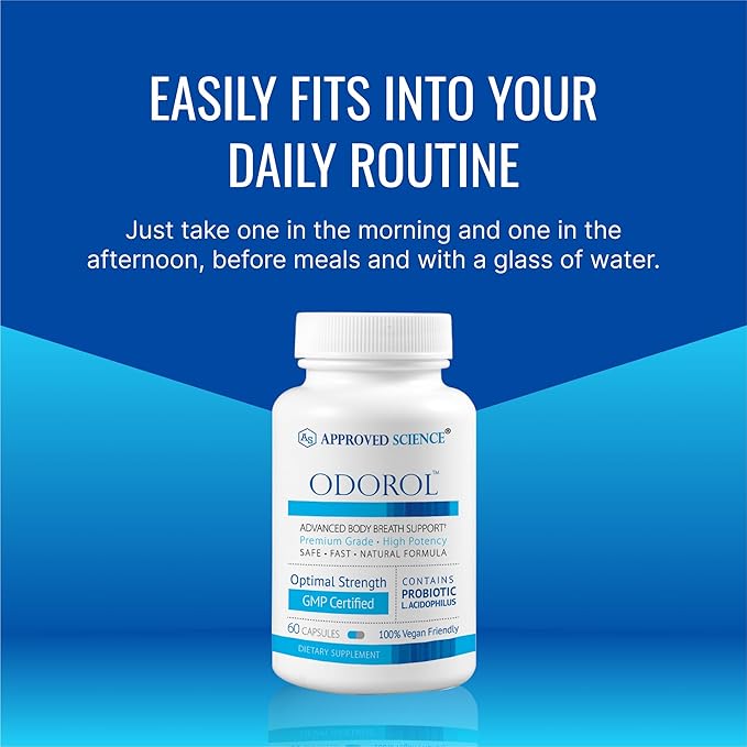 Approved Science Odorol - 60 Capsules - Freshen Bad Breath and Body Odor - Contains L.acidophilus, Green Tea, Magnolia Bark, Peppermint Oil, and Fennel - All Natural, Vegan Friendly, Non-GMO