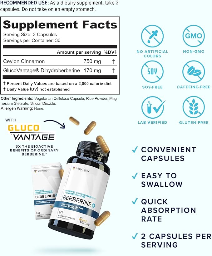 Vitauthority Berberine with Ceylon Cinnamon Supplements | High Absorption Dihydroberberine for Balance and Support | Vegan Powerful AMPk Activator & Antioxidant | 30 Servings