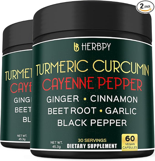 7in1 Turmeric and Cayenne Pepper Supplement - Digestion, Immune, Brain & Heart Health Support with Ceylon, Ginger, Garlic, Beetroot - 2Pack60