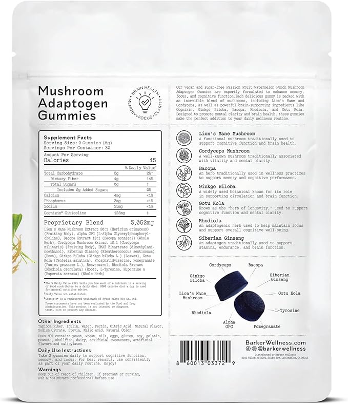 Barker Wellness Mushroom Adaptogen Gummies | Memory, Focus & Brain Health | Lions Mane, Cordyceps, Cognizin | Vegan, Sugar-Free | Passion Fruit Watermelon Flavor | 60 Gummies
