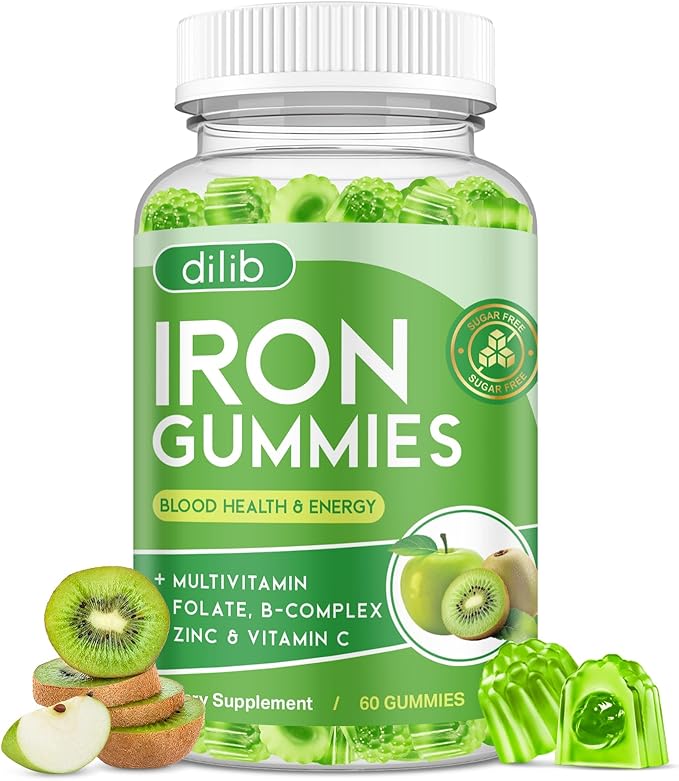 Iron Gummies with Multivitamin, Iron Supplement for Women & Men with Zinc, Vitamin B Complex & C, B12, Folate - Blood Builder & Energy Support for Adults & Kids - Green Apple & Kiwi Filled Gummies