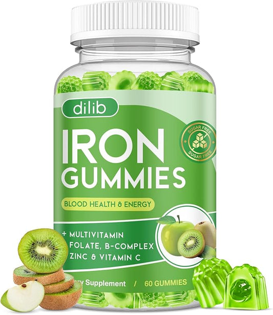 Iron Gummies with Multivitamin, Iron Supplement for Women & Men with Zinc, Vitamin B Complex & C, B12, Folate - Blood Builder & Energy Support for Adults & Kids - Green Apple & Kiwi Filled Gummies
