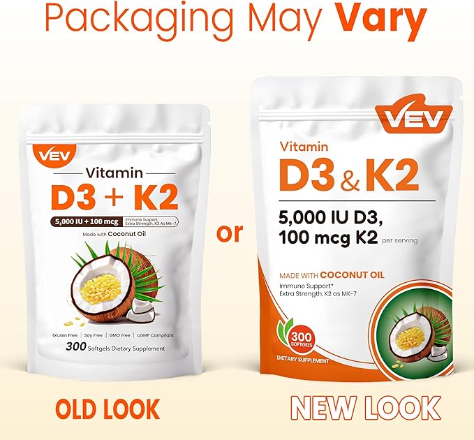 VEV Vitamin D3 K2, 5000 IU D3 100mcg K2 (MK 7), 300 Softgels, Corefeel 2-in-1 Vitamin D & K Supplement with Coconut Oil, Supports Calcium Absorption and Bone Health, Easy to Swallow