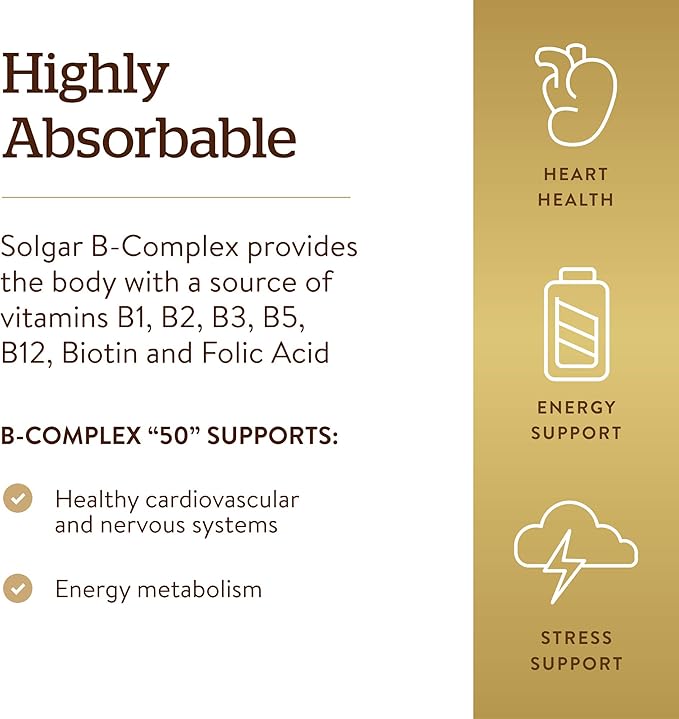 Solgar B-Complex “50”, 250 Vegetable Capsules - Energy Metabolism, Cardiovascular Support, Nervous System Support - Non-GMO, Vegan, Gluten Free, Dairy Free, Kosher - 250 Servings