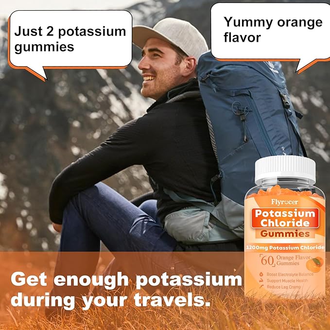 2 Pack Potassium Gummies, Potassium Chloride 1200mg for Adults, Sugar-Free Potassium Supplement Gummies Support Electrolyte Balance & Leg Cramps for Women & Men, Orange Flavor, Vegan, 120 Count
