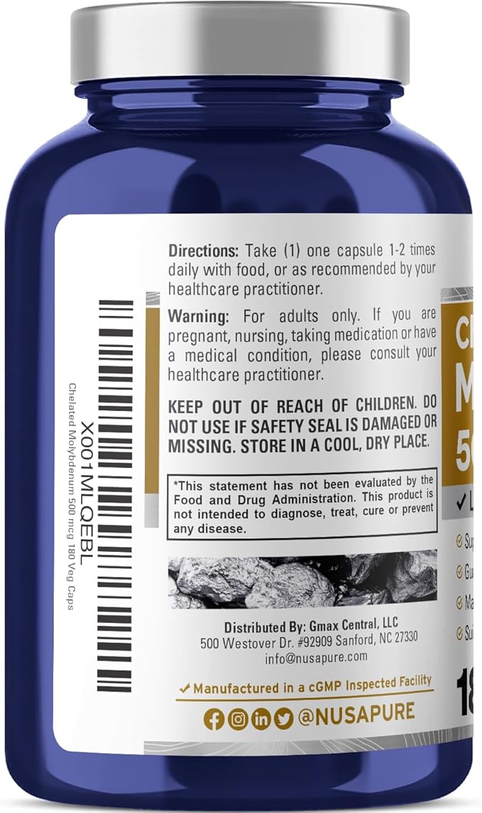 NusaPure Chelated Molybdenum 500 mcg 180 Vegetarian Caps (Vegan, Non-GMO)