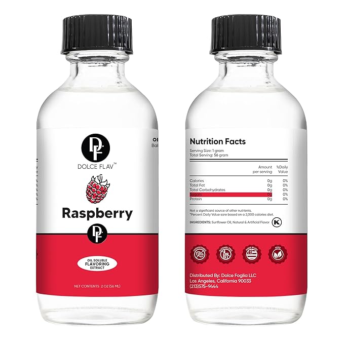 Dolce Flav Raspberry Extract – 2 Ounce Oil-Soluble Kosher, Sugar-Free, Concentrated Raspberry Flavoring for Chocolates, Candies & Baking, Includes Measured Dropper