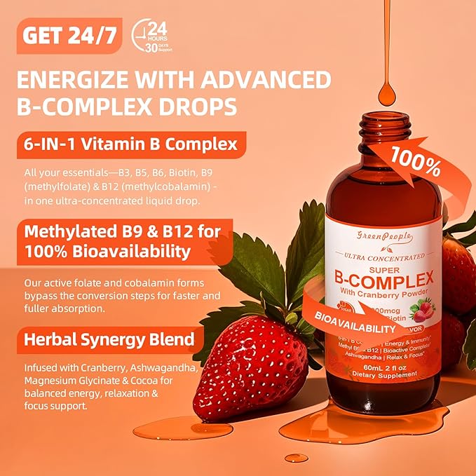 Super B-Complex Liquid Drops | B12 Methylcobalamin + Methyl Folate | B Vitamins Complex w/B3,B5,B6,B7, Ashwagandha & L-Theanine for Energy, Focus & Immunity, Vegan Strawberry 2fl Oz