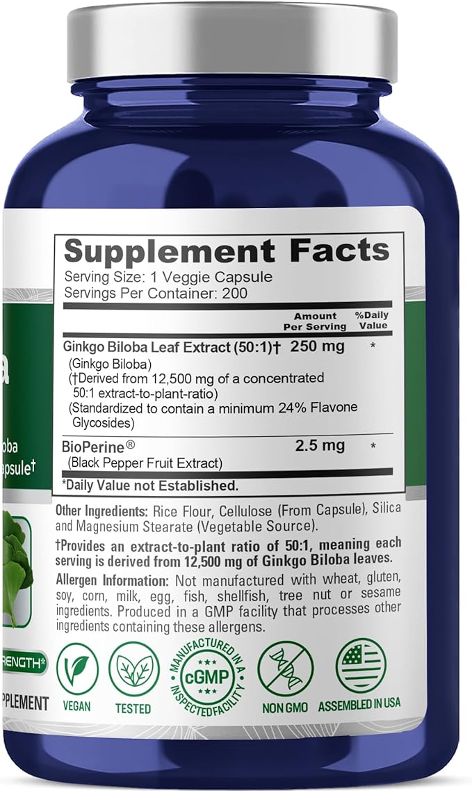 NusaPure Ginkgo Biloba 50:1 Extract, 250 mg Equivalent to 12,500 mg per Veggie Caps 200 Capsules (Vegetarian, Non-GMO, Vegan) Bioperine