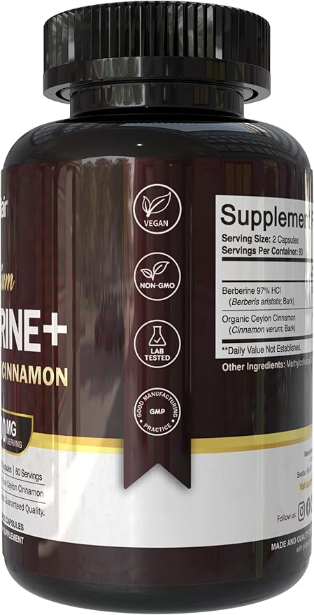 NutriFlair Berberine 97% HCl with Ceylon Cinnamon Supplement, 120 Capsules – High Potency, Premium Quality, Vegan-Friendly – 60 Servings