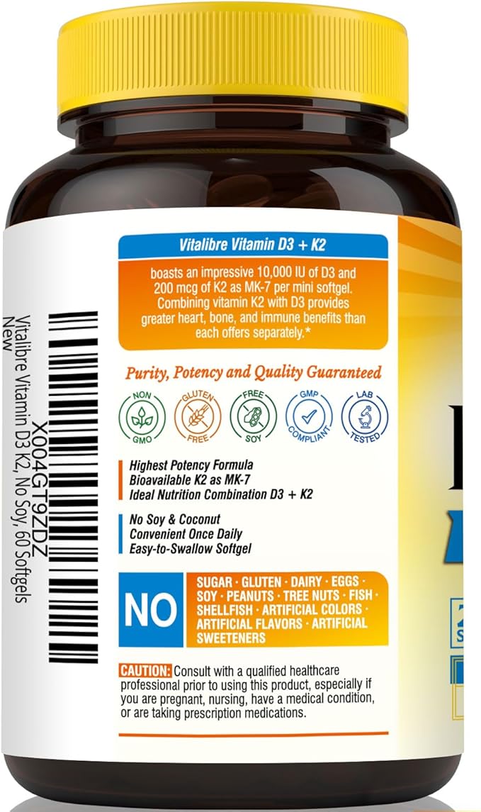 Vitamin D3 K2 Supplement, 10000 IU D3 / 200 mcg K2 MK7, Calcium Absorption, Bone, Heart, Immune & Mood Support, Enhanced Absorption, No Soy, Easy to Swallow, 60 Softgels