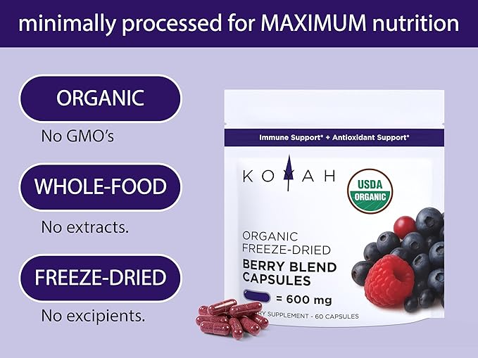 KOYAH Organic Berry Blend Capsules – Antioxidants & Polyphenols - 600 mg - Freeze-Dried (7.1x Concentrated) - Vegan, Non-GMO, Allergen-Free, Gluten-Free, 100% Whole-Berry - 60 Capsules
