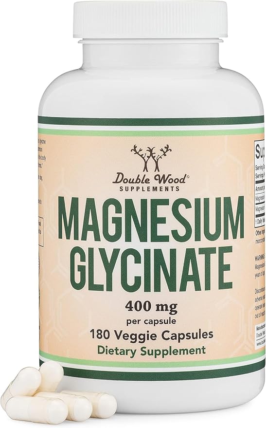 Magnesium Glycinate 400mg, 180 Capsules - for Sleep, Muscle, & Heart Support - (Vegan, Third Party Tested, Gluten Free, Non-GMO) by Double Wood Supplements