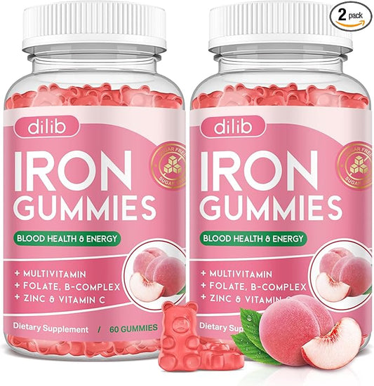 Iron Gummies with Multivitamin, Iron Supplement for Women & Men, Kids Multivitamin with Zinc, Vitamin B Complex & C, B12, Folate - Blood Builder, Energy Support, Peach Flavor, Vegan 120 Gummies