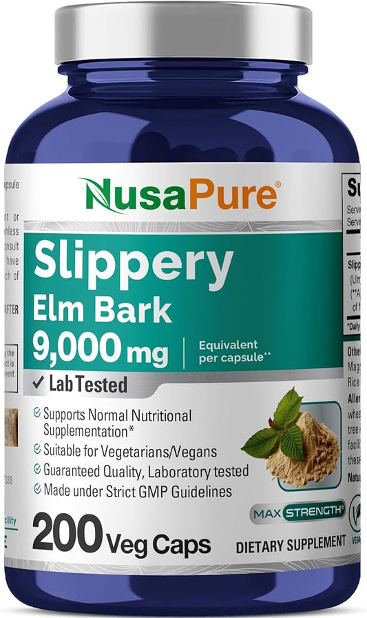 NusaPure Slippery Elm Bark 20:1 Extract, 450 mg Equivalent to 9,000mg 200 Veggie Capsules (Non-GMO, Vegan)